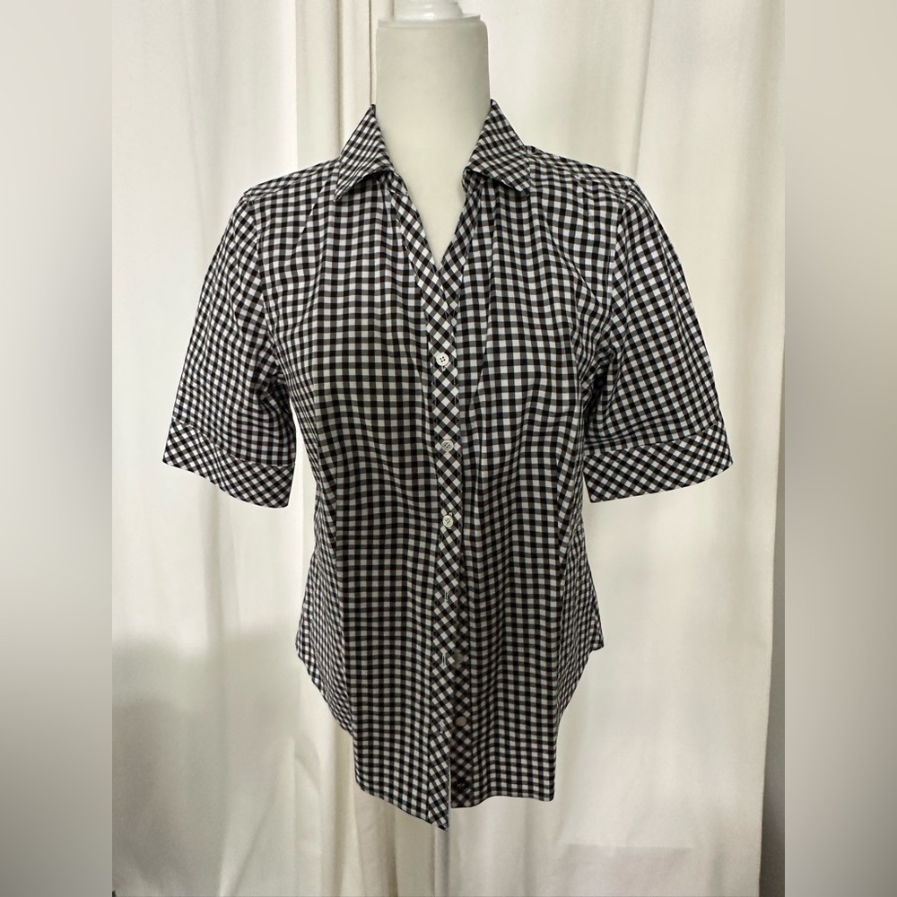 Talbots Black and White Gingham Button Down Short Sleeved Shirt